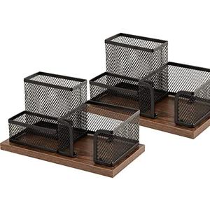 ASIFMTHOT Antique Wood & Mesh Pen Holder Office Supplies Caddy, Storage Baskets for Desktop Accessorieswith Sticky Notes Holder,3 Compartments(2 Pack Black)