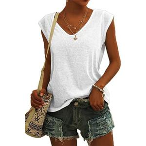 SOUWINEMYI Womens Cap Sleeve T Shirts V Neck Casual Tops Oversized T-Shirt Summer Trendy Lightweight Loose Fit Basic Tees