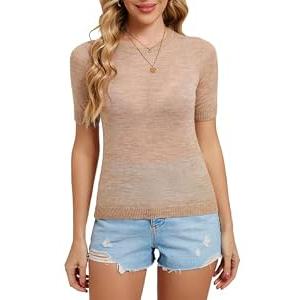 Women’s Short Sleeve Knit Top – Alpaca Wool Blend Ribbed Crewneck Pullover, Slim Fit Casual Tee for Spring & Summer(L, Camel)