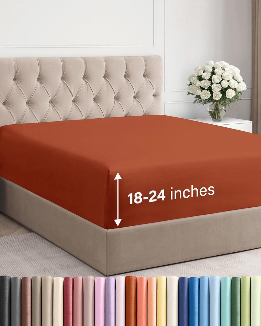Extra Deep King Fitted Sheet - Hotel Luxury Single Fitted Sheet Only - Easily Fits 18 inch to 24 inch Mattress - Ultra Soft, Wrinkle & Fade Free w/Extra Deep Pockets - Breathable & Comfy - Terracotta