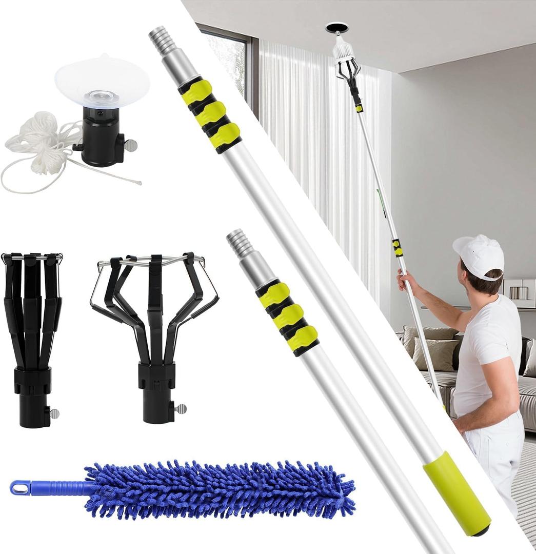 Upgarded 28FT Reach Light Bulb Changer for High Ceilings with Pole & Duster, 5-20FT High Ceiling Light Bulb Changer Extension Pole with Baskets Suction Cup for Recessed Lights Chandelier (Yellow)