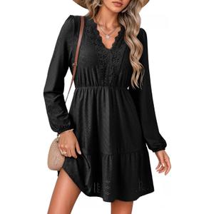 Dokotoo Fall Dresses for Women 2025 Elegant Lace Hollow Out Embroidered V Neck Long Sleeve Casual A-Line Swing Mini Dress S