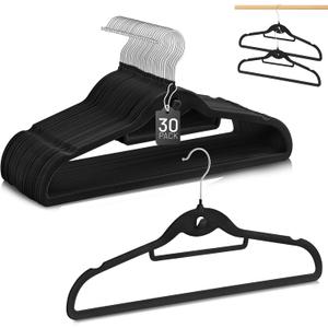 Velvet Stackable Hangers 30 Pack, STOPKLAS Black Clothes Hanger Non Slip Felt Hangers with 360 Swivel Hook, Thin Hanger Space Saving, Heavy Duty Closet Hanger for Clothes, Coats, Suits, Dress, Pants