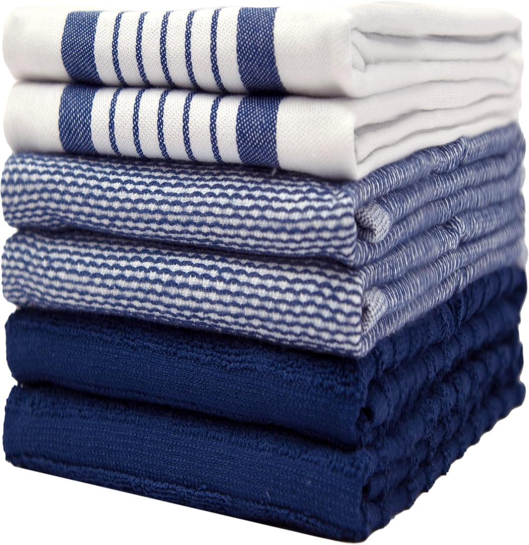Premium Kitchen Towels (20x 28, 6 Pack) | Large Cotton Dish Towels | Flat & Terry Highly Absorbent Kitchen Linen Set with Hanging Loop | Navy Blue Striped, Kitchen Towels - Mixed Styles