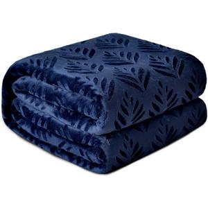 Exclusivo Mezcla Fleece Throw Blanket for Couch, Super Soft and Cozy Blankets All Season Use, Leaves Pattern, Plush Fuzzy Lightweight, Navy Blue, 50x60 Inch