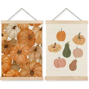Yomisex Trendy Autumn Pumpkin Wall Art Poster, Boho Colorful Rustic Farmhouse Fall Pumpkins Canvas Prints Wall Art Framed for Home Bedroom Living Room Decor, 12x16 Inch Set of 2