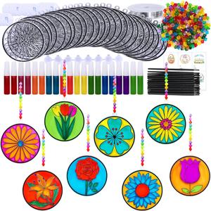Winlyn 24 Set Spring Flower Suncatchers Ornaments Decorations DIY Window Paint Art Kit for Kids Classroom Activities Party Favors