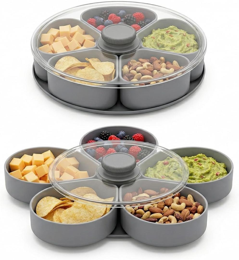 Divided Serving Tray that Spins, 5-Compartment Twist-to-Open Snack Tray with Lid, Expandable Party Platter for Fruit, Candy, Nuts, Veggies and Dips, Gray
