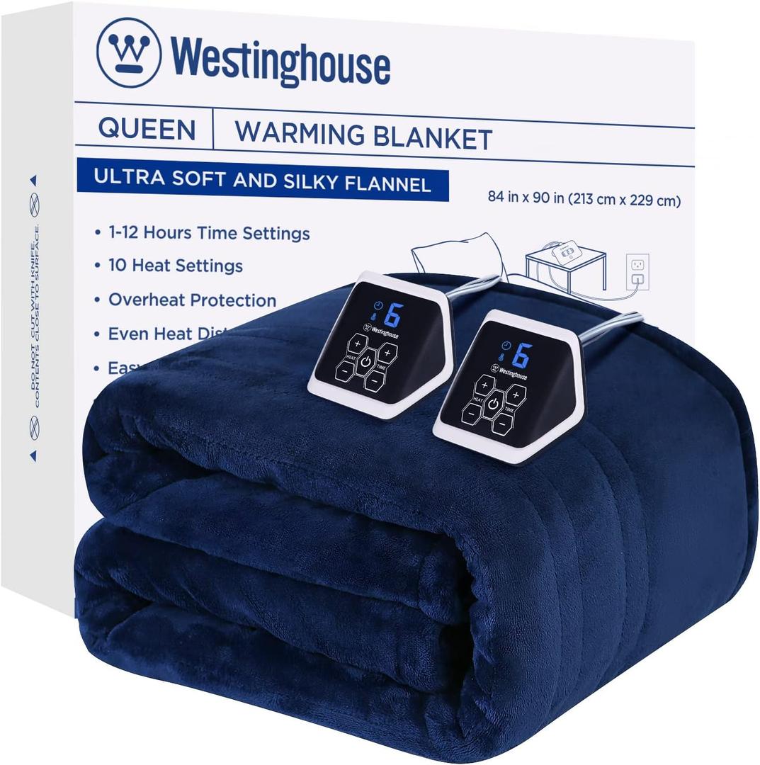Westinghouse Heated Queen Size Blanket - Electric With 10 Heating Levels, 1-12 Hours Auto Shut Off, Fast Warming, Machine Washable (84x90 Inches, Navy Blue)