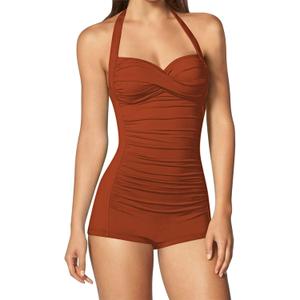 Sovoyontee Women's One Piece Tummy Control Swimwear Boyleg Ruched Swimsuit (X-Large, Burnt Orange)