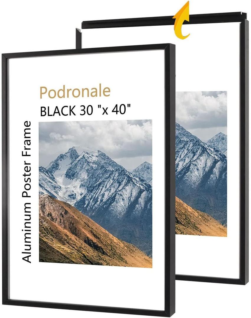 30x40 Inch Poster Frame, Plexiglass, Set of 2, Black Snap Frames, Front-loading Frame, Coating Aluminum Profile, Display Horizontally & Vertically