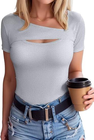 SANDERY Summer Women's Scoop Neck Short Sleeve Shirts Ribbed Slim Fitted Casual Basic Top Blouses