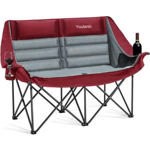 Oversized Camping Chair, Double Folding Loveseat Camping Couch with Pocket, Cup Holder and Carry Bag, Heavy Duty Portable Camping Chairs for Adults, Fishing, Sports, Trip, up to 660lbs, Red