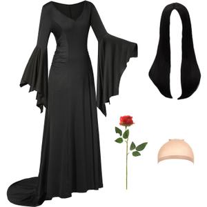 Adult Black Gothic Dress for Halloween Costume Women Cute Soft Goth Dress with Wig Flower Accessories (Black, L)
