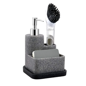 ZCCZ Black Soap Dispenser with Sponge Holder, Kitchen Soap Dispenser Pump, Sponge Caddy and Brush Holder 3 in 1 Set Organizer for Sink Countertop, Removable Tray, Marble Look (Brush NOT Included)