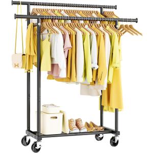 Double Rods Clothes Rack, Rolling Clothing Rack for Hanging Clothes Portable Wardrobe Rack, Metal Garment Rack Sturdy Coat Rack for Bedroom Laundry Living Room, Black (16.5"D x 44.3"W x 63"H)