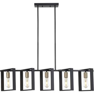 9MMML 41.5" Mid Century Dining Room Chandelier, Black and Gold Wood Pendant Light, Height Adjustable 5 Lights Fixtures for Kitchen Island Hallway Pool Table