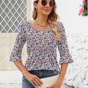 Ficerd Women's 3/4 Bell Sleeve Tops Crew Neck Pleated Shirts Trendy Dressy Casual Loose Fit Tunic Blouses(Large,Pink Blue Floral) (Pink, L)