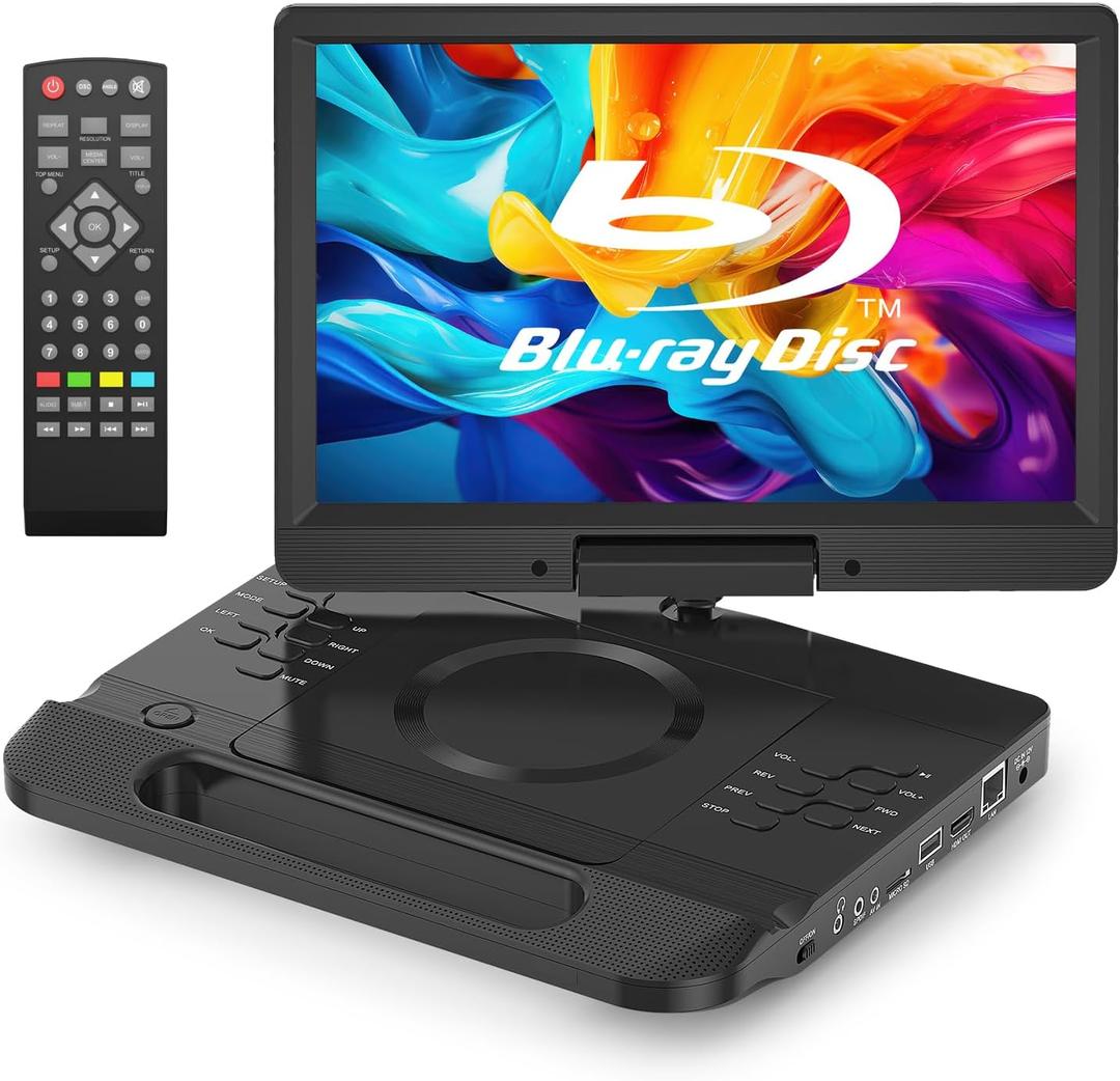 FANGOR 13.3 Portable Blu Ray Player with 12 1080P Full HD Swivel Screen, Blu-ray DVD Player with HDMI Out & AV in, 4-5 Hours Rechargeable Battery, Support USB/Micro SD Card