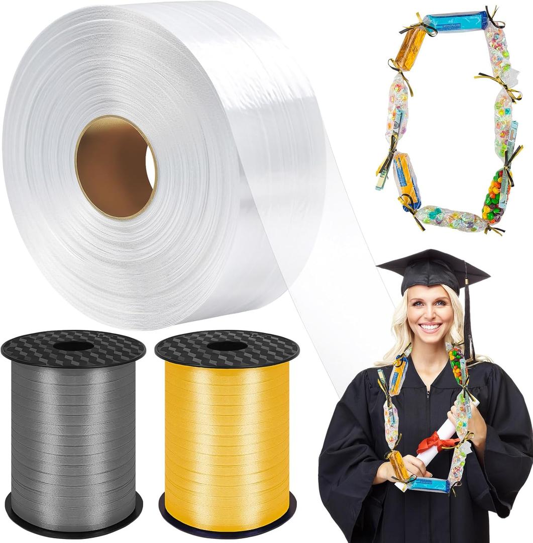 Candy Lei Poly Tubing, 2 Inch x 1000 ft Clear Graduation Candy Lei Making Kit with 2 Rolls 500 yd Ribbon, Clear Shipping Poly Tubing for DIY Graduation Wreaths Packing Snacks