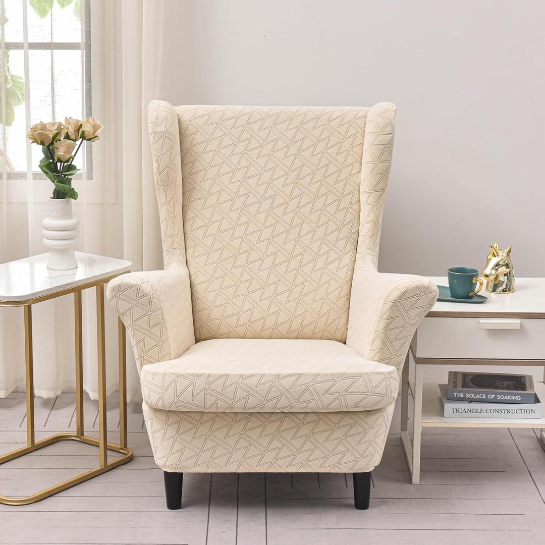 MIFXIN Wingback Chair Slipcovers 2-Piece Stretch Elastic Wing Chair Cover with Cushion Cover Armchair Furniture Protector for Living Room Bedroom (Jacquard Beige)