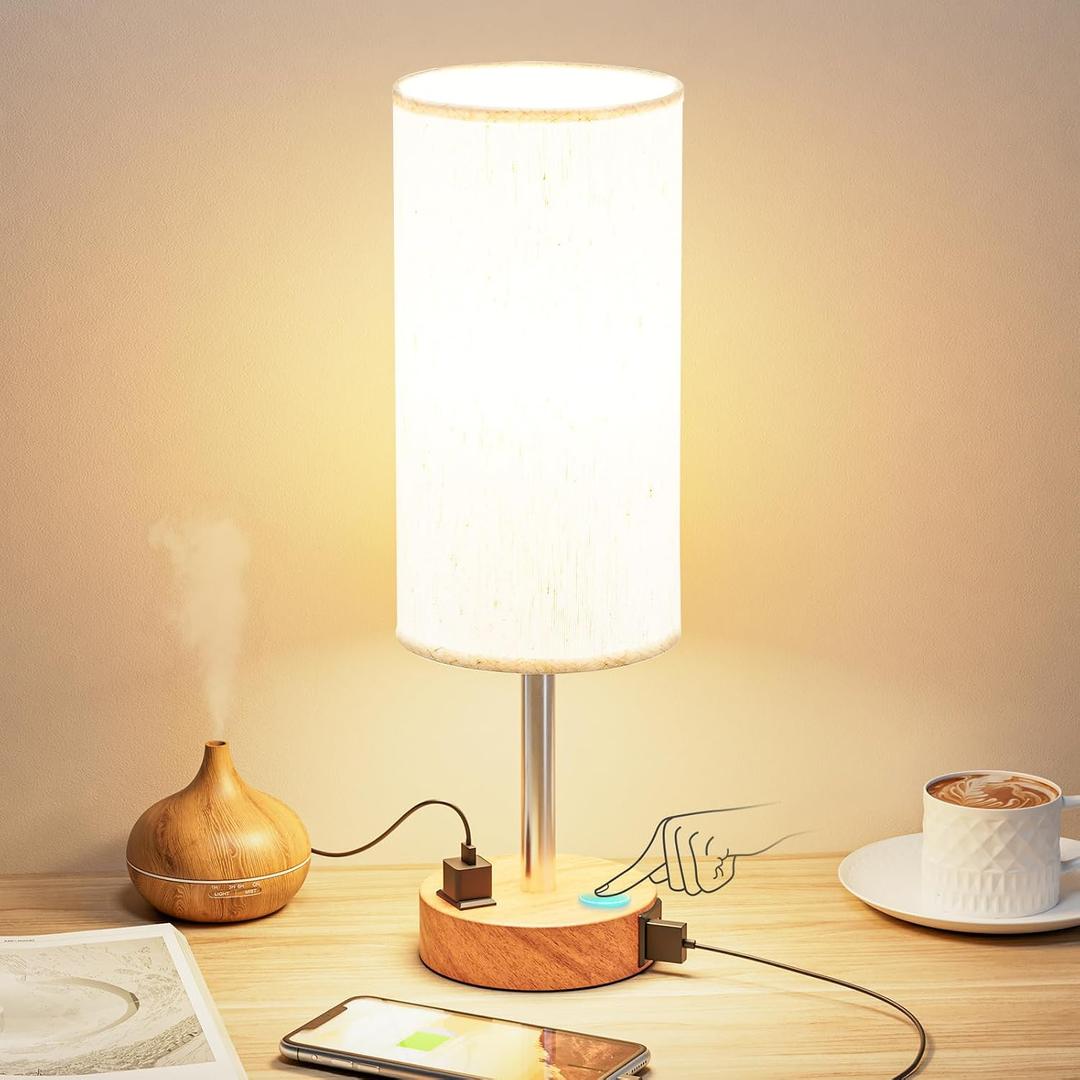 Fenmzee Bedside Table Lamp for Bedroom - Dimmable Touch, USB A+C, AC Outlet | 3-Way Dimmable, LED Bulb Included, Fabric Lampshade, Wood-Grain Metal Base, 14" Small Nightstand Lamp for Desk, Living Room