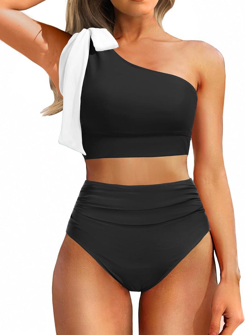 Tempt Me Women Black High Waisted Bikini Sets - Two Piece Swimsuits One Shoulder Bathing Suit with Full Coverage Bottom S