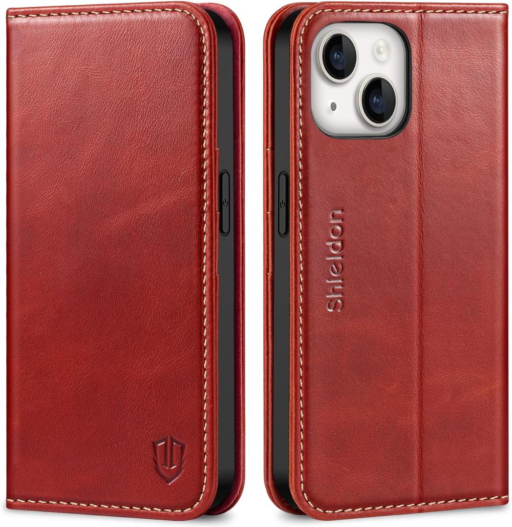 SHIELDON Wallet Case for iPhone 14 5G 2022, Genuine Leather Folio Case Magnetic Closure RFID Blocking Card Slots Kickstand Full Protection Cover Compatible with iPhone 14 (6.1 inch) - Retro Red