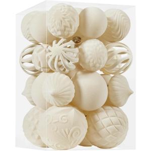 30pcs Velvet Christmas Ball Ornaments, Flocked Shatterproof Christmas Ornaments Hanging Xmas Tree Decorations Set for Home Party Holiday Decor (Multi-Size, Cream)