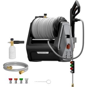 Giraffe Tools Grandfalls Pressure Washer Plus+, Electric Wall Mount Power Washer with 100FT Ultra-Soft Pressure Hoses, 2900PSI, 2.2GPM, 4 Nozzles, Foam Cannon for Cars/Patios, Dark Silver (Plus+ 100ft Ultra-soft Pressure Hoses)