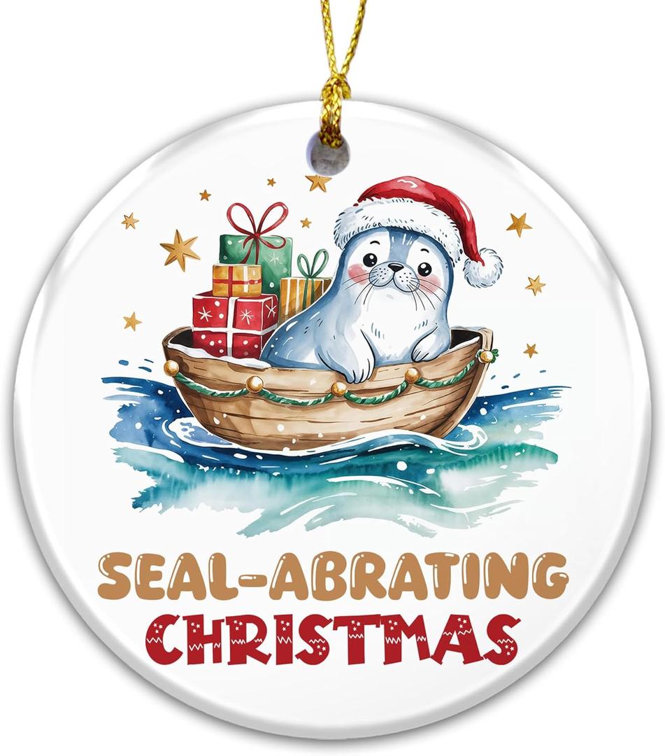Seal-Abrating Ornament 2025  Cute Seal in Santa Hat with Gifts, Funny Animal Pun Holiday Ornament, Ceramic Keepsake Tree Decoration for Ocean Lovers, Kids Idea