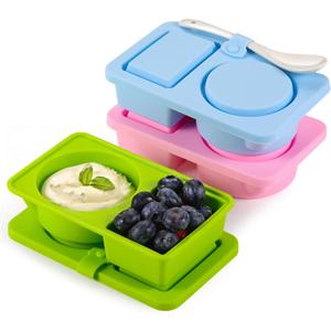 3 Pack Silicone Reusable Snack Containers with Lids, Mini Dual Compartment Food Storage, Salad Dressing Sauce Seasoning Container, Small Snack Boxs for Travel, Office, Picnic