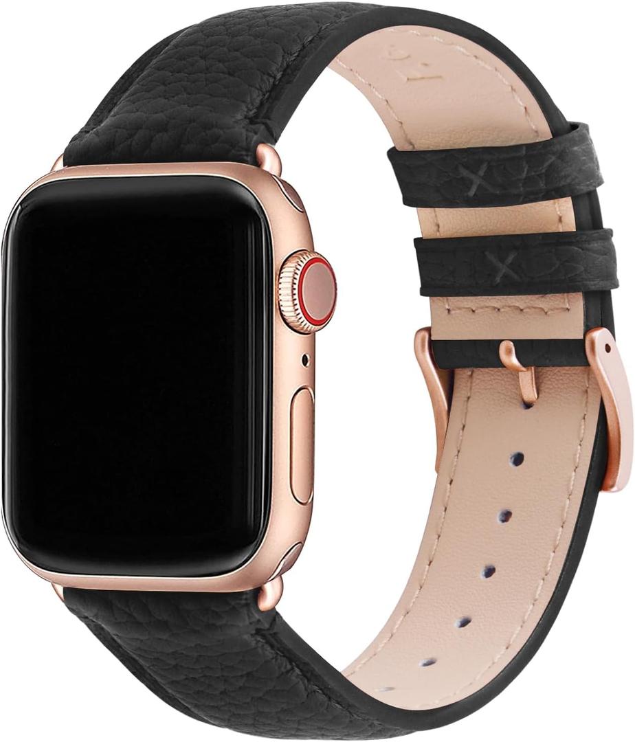 Fullmosa Leather Bands Compatible Apple Watch Band 38mm 40mm 41mm 42mm 44mm 45mm 49mm, Dressy Chic iWatch Strap with Case for iWatch Series 9 8 7 6 5 4 3 2 1 SE Ultra 2 1 for Women (Black/rose gold)