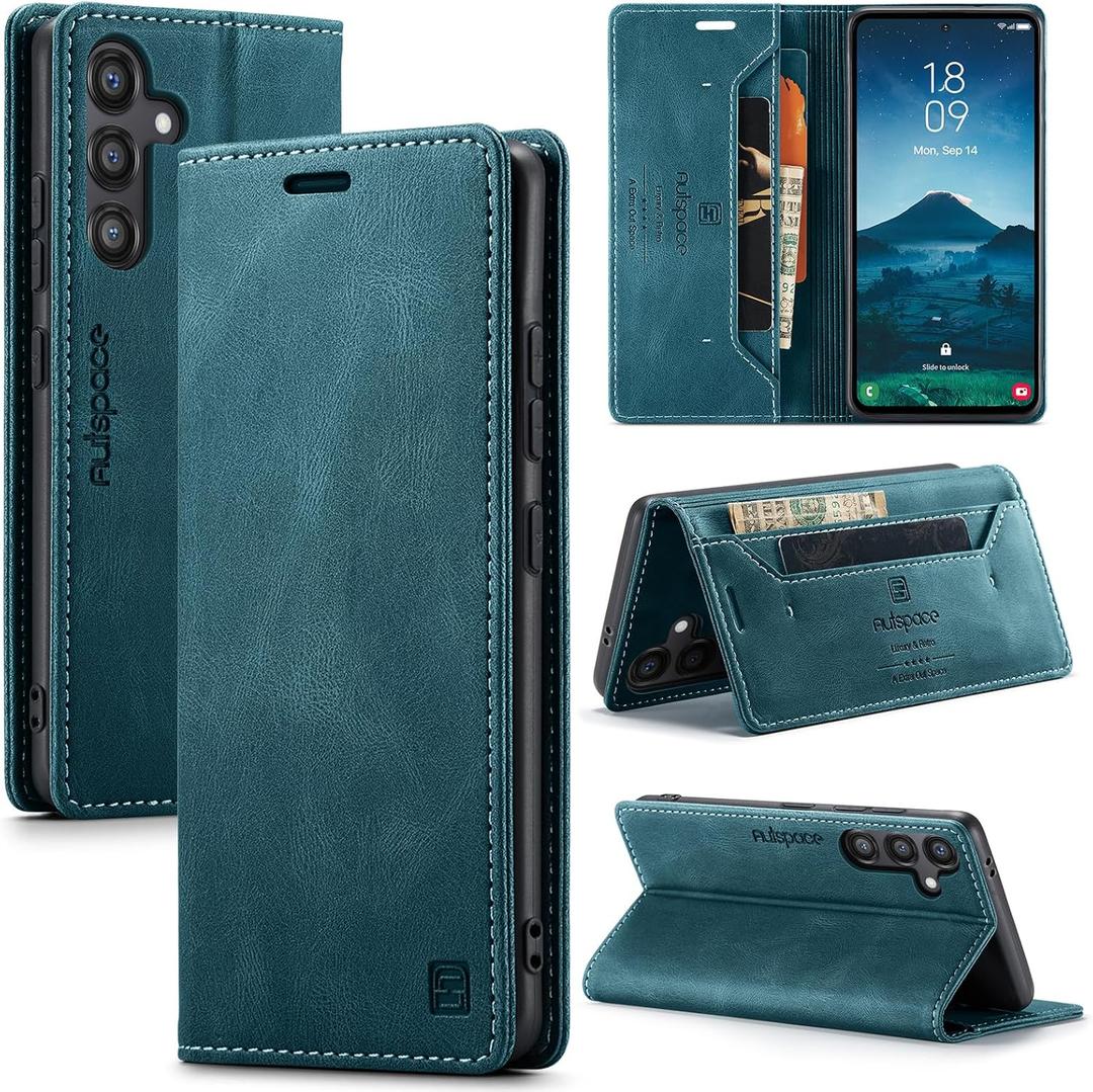 for Samsung Galaxy S25 Plus Case, [RFID Blocking] PU Leather Wallet Cover Magnetic Flip Cover Card Holder Kickstand Shockproof Protective Phone Case for Samsung Galaxy S25 PlusBlue Green