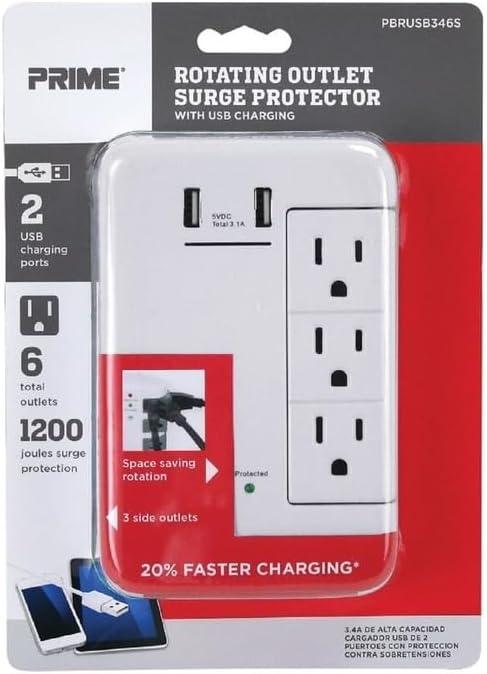 Prime PBRUSB346S 6-Outlet Wall Tap with 1,200-Joule Surge Protection and Dual USB Charger
