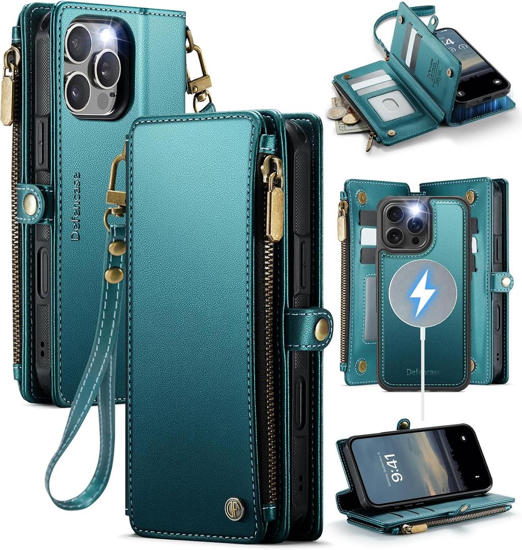 Defencase for iPhone 16 Pro Magnetic Wallet Case Compatible with Magsafe with RFID Blocking Zipper Strap Card Holder for Women Men PU Leather Detachable Case for iPhone 16 Pro (6.3 inches), Blue Green