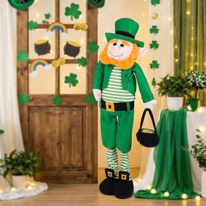 Yerliker 1 Pcs Large St Patrick's Day Leprechaun Plush Decor 28 to 37 Inch Porch Standing St Patrick's Green Leprechaun Plush Doll with Retractable Spring Legs for Home Yard Indoor Outdoor Decoration