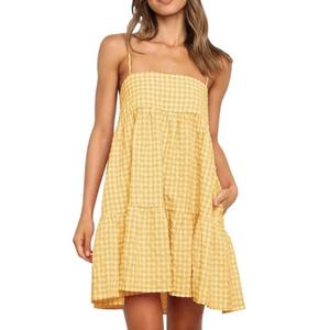 Wenrine Women's Summer Plaid Mini Dress Casual Spaghetti Strap Sleeveless A Line Beach Sundress with Pockets Yellow Small