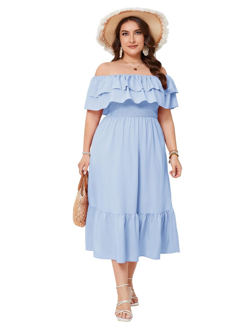 KOJOOIN Women Plus Size Off Shoulder Maxi Dress Ruffle Flowy Casual Summer Boho Long Dresses Light Blue 2XL (Blue, XXL)
