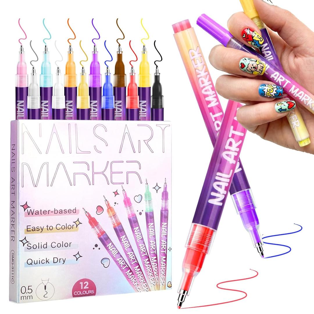 Nail Art Pen 12 Colorful Nail Art Markers Set Cute Nails Polish Pens Day Manicure Art Style Tools for Dotting Drawing Painting Point Markers Liner Kit for Holiday Valentines Day Women (12 Pcs)