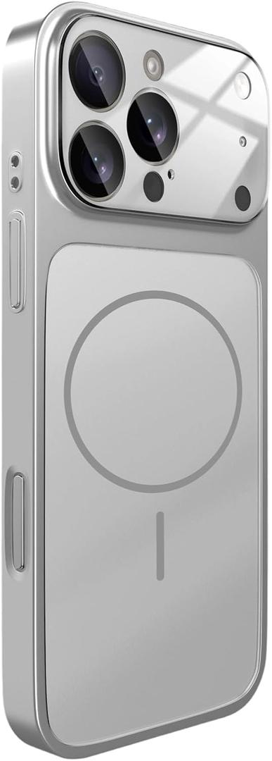 Magnetic Series for iPhone 15 Pro Max Case,Compatible with Magsafe,Matte Glass Slim Anti-Fingerprint,Anti-Scratch Camera Lens Protector Military Grade Drop Shockproof Cover,Silver