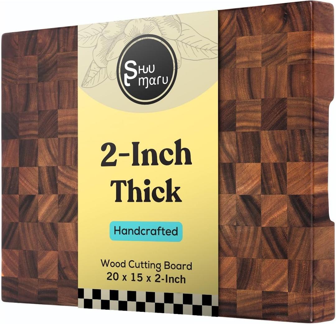 Shumaru Butcher Block Cutting Board - [20" x 15" x 2"], End-Grain Tropical Walnut Kitchen Chopping Block with Non-Slip Feet, Built-in Handles