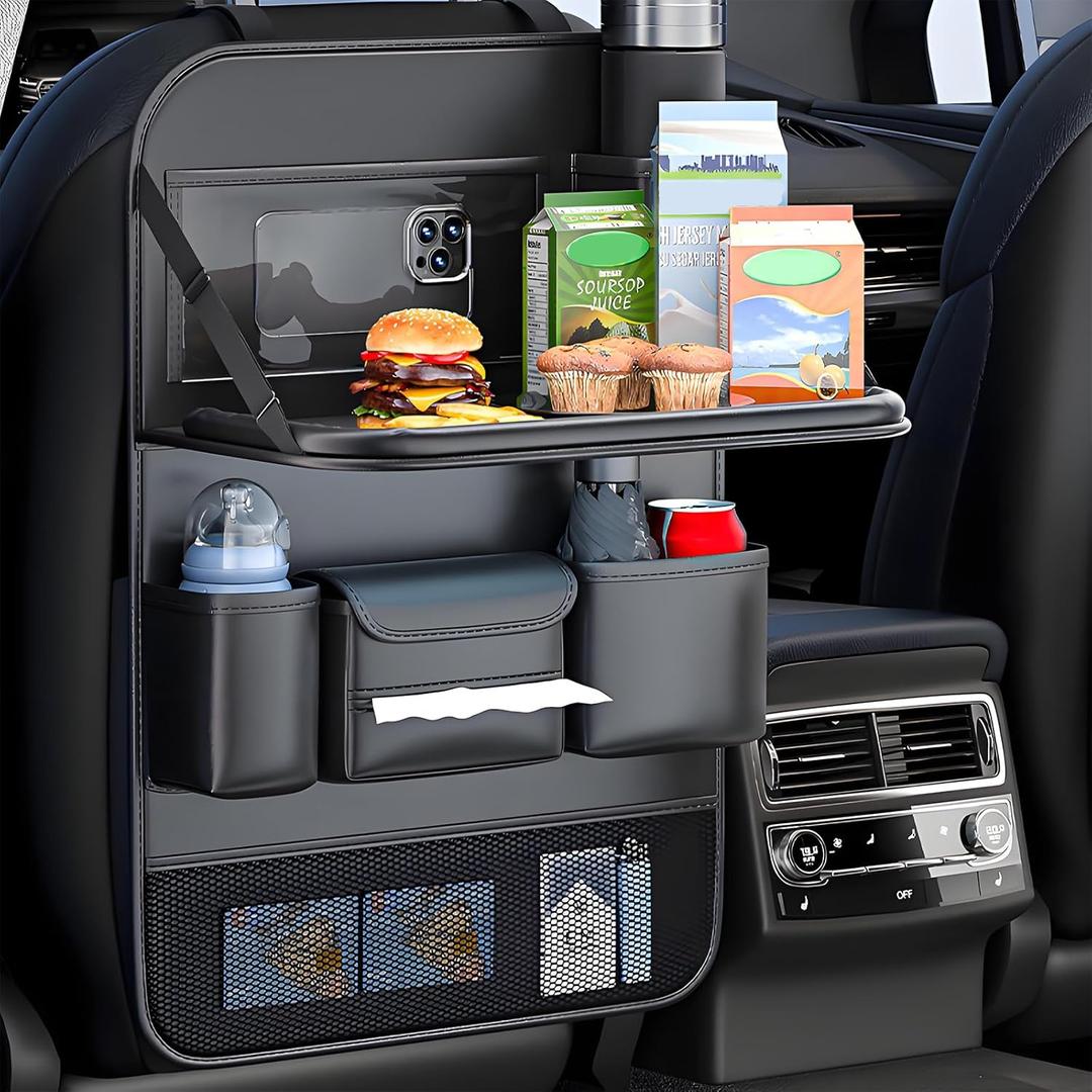 Universal Foldable Car Backseat Organizer with Table Tray, Car Seat Back Protector with Touch Screen Phone Holder, Premium Leather Kick Mats with Storage Pockets Tissue Holder (Black) 