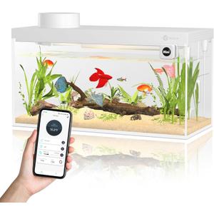 Smart Fish Tank Aquarium Kit with APP Control and Auto Feeder - 1.5 Gal Fish Tank Multi-Layer Filtration System Silent Pump & UHD Glass - 16 Million DIY Colors Includes Mini Magnetic Scrubber Scrape