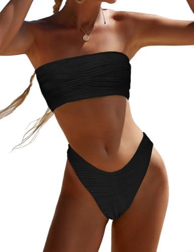 YIMISAN Women's Two Piece Bandeau Swimsuit Ribbed Strapless Tube Bikini Top with Mid Waist Cheeky Bottom Bathing Suit, L