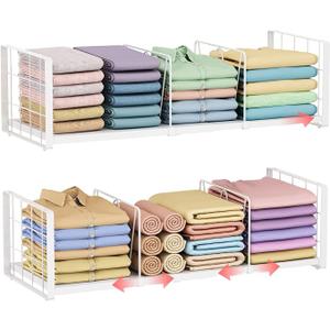 2-Pack Closet Organizers Stackable Clothing Storage Shelves, Expandable Clothes Shelf with Adjustable Divider Keeps Jeans Shirts Sweaters T-Shirts Tidy, for Bedroom RV Wardrobe System, White
