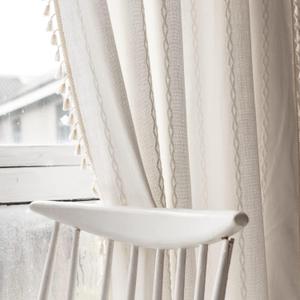 Deeprove White Boho Curtains 96 Inches Long for Nursery Bedroom Christmas Decor, Bohemian Embroidery Cream Weighted Cotton Linen French Country Window Treatments with Tassel, W52 x L96, 1 Panel (52"W x 96"L (Pack of 1))
