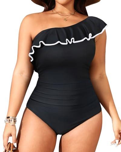 Aqua Eve Plus Size Bathing Suits for Women One Piece Swimsuits One Shoulder Ruffle Tummy Control Black and White Swimwear 20W Aqua Eve Plus Size Bathing Suits for Women One Piece Swimsuits One Shoulder Ruffle Tummy Control Black and White Swimwear 20W