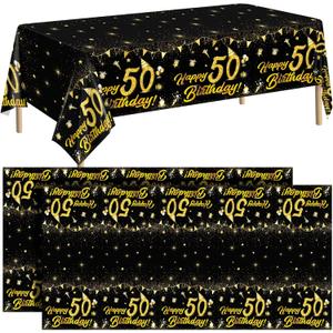 durony 2 Pack 50th Birthday Tablecloth Table Cover Plastic Black Gold Happy Tablecloth Waterproof Rectangular Table Cloth Cover for Indoor or Outdoor Parties Birthday