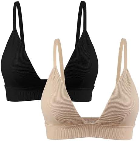 INIBUD Bralettes for Women Ribbed Seamless Padded Bra Wireless Triangle Plunge Cami Bra Adjustable Spaghetti Strap Top. Small